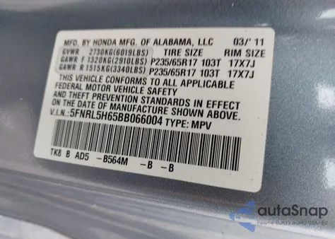 2011 Honda Odyssey Exl z USA, uszkodzony, nr VIN 5FNRL5H65BB066004
